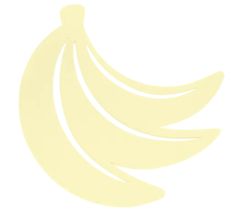 Fermob banana-shaped metal trivets with non-slip pads, measuring 23 x 24.4 cm, designed to protect surfaces from hot dishes.