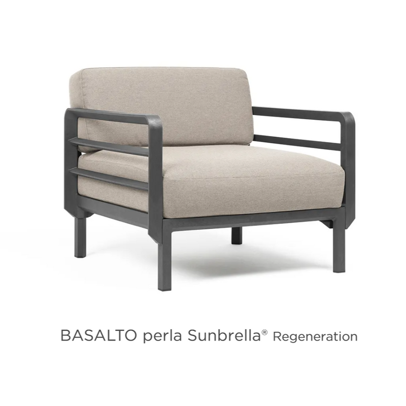 Load image into Gallery viewer, Nardi Maximo modular outdoor armchair with Basalto Perla fabric, part of the outdoor sofa set, placed on hotel lounge furniture.
