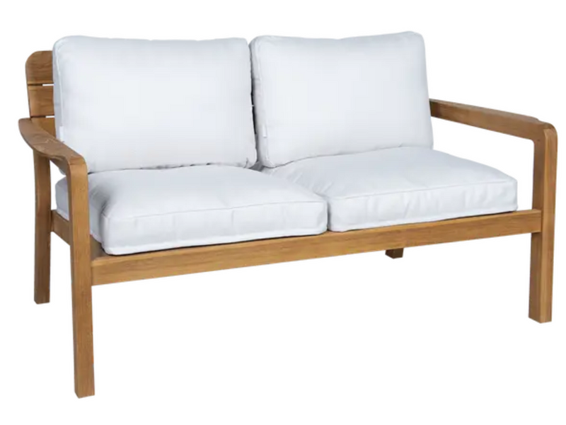 Load image into Gallery viewer, Beige chevron LODGE solid teak 2-seater outdoor sofa by Vlaemynck, ideal for outdoor hospitality spaces.
