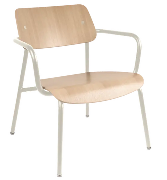 Beige and white Fermob Studie oak lounge armchair with a metal frame, designed for stylish office or living space seating.