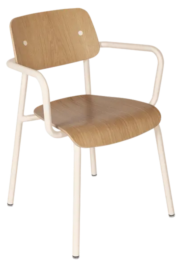 Load image into Gallery viewer, Fermob Studie Oak outdoor armchair in beige latte with wooden armrests and a woven seat, designed for outdoor relaxation.
