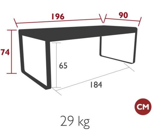 Fermob Bellevie outdoor metal dining table, 196 x 90 cm, eight-seater for outdoor dining and patio use.