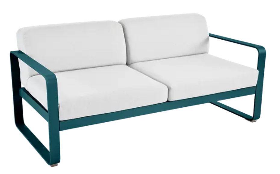 Outdoor Fermob Bellevie 2-seater sofa with sleek design, featuring comfortable cushions and stylish metal frame.