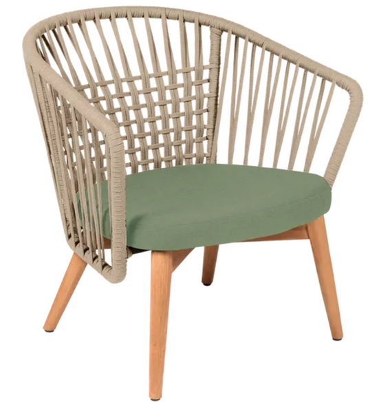 Outdoor teak armchair with low armrests, almond green cushions, and rope accents by Custom Wood Designs.