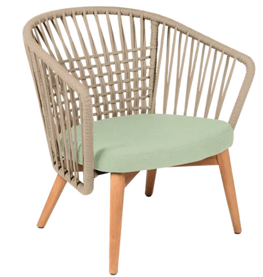 Outdoor GORDES teak armchair with aqua-green cushions and teak rope details, designed for comfortable outdoor lounging.