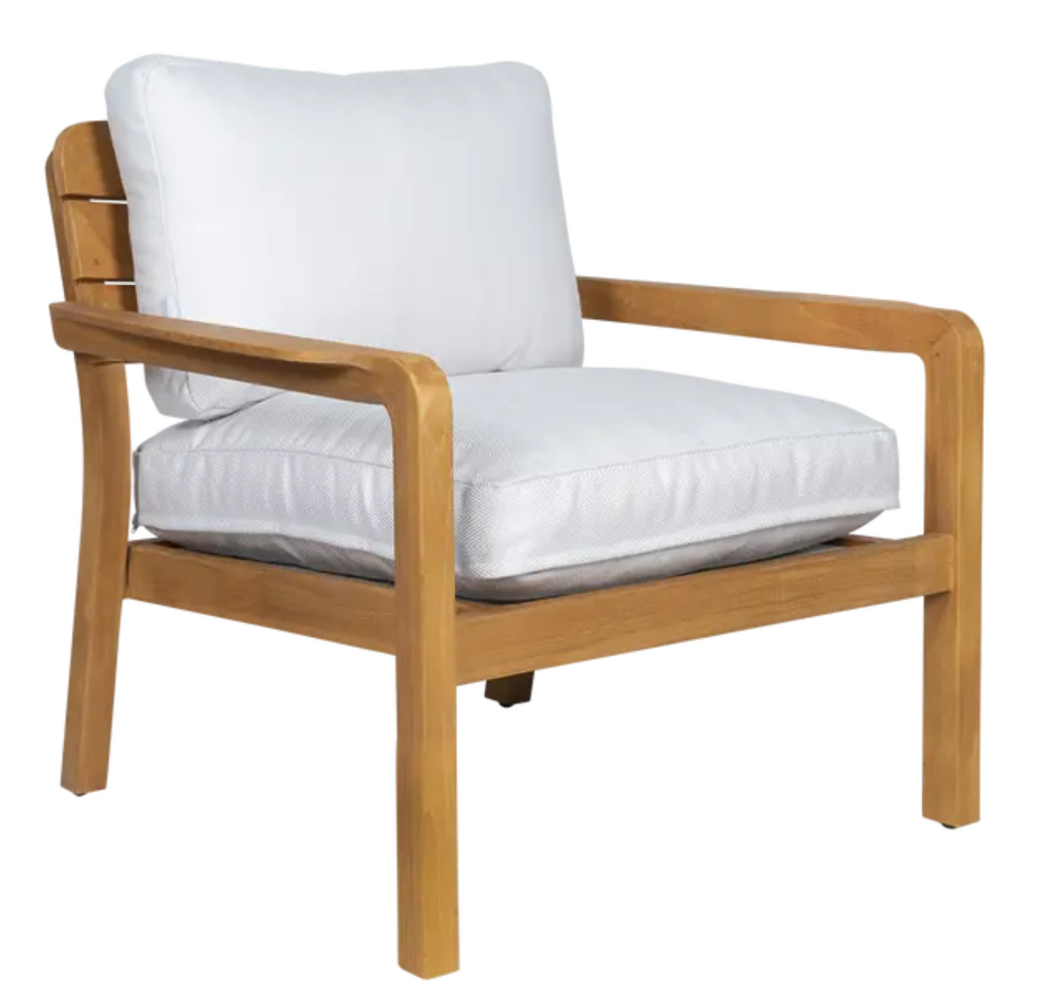 Fermob Lodge low armchair with teak frame and chevron-patterned outdoor seating, ideal for hotel terrace relaxation.