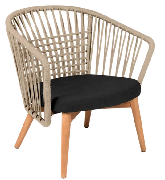 Outdoor teak armchair from Custom Wood Designs with a low profile and woven teak rope details, perfect for outdoor lounging.