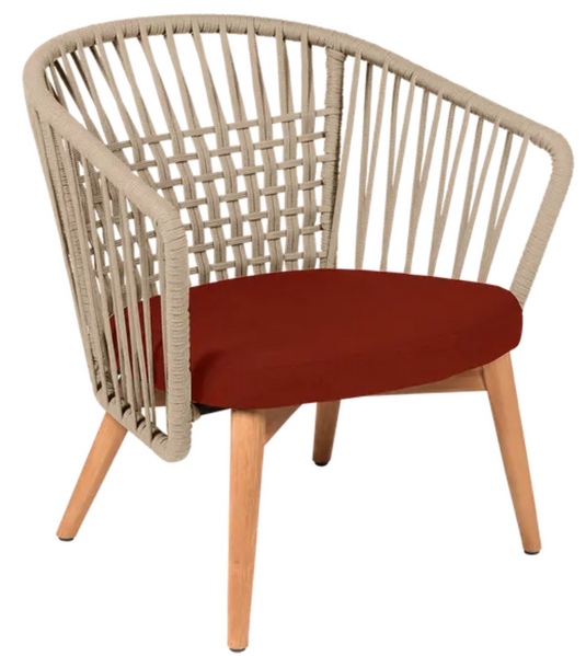 Outdoor GORDES Low Armchair by Custom Wood Designs with teak frame and rope design, ideal for outdoor lounge seating.