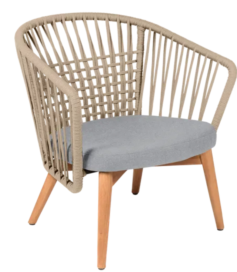 Load image into Gallery viewer, Beige outdoor GORDES low armchair by Custom Wood Designs with teak frame and rope detailing, perfect for garden lounging.
