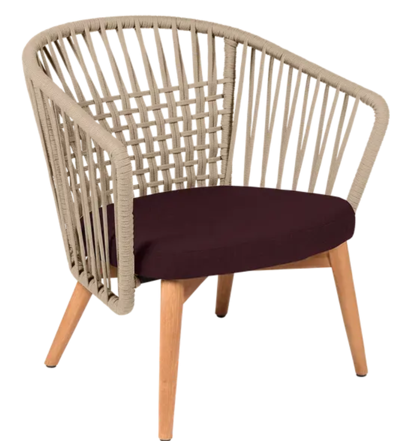 Load image into Gallery viewer, Outdoor teak armchair with low armrests and woven rope design by Custom Wood Designs, ideal for outdoor lounge spaces.
