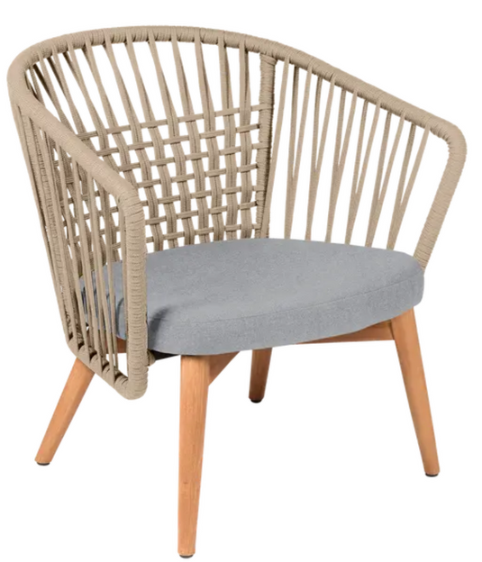 Light grey GORDES outdoor teak armchair with a teak rope design, designed for comfortable outdoor lounging by Custom Wood Designs.