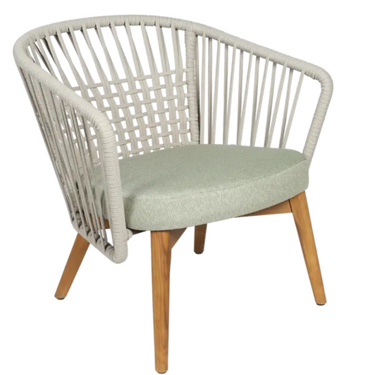 Beige outdoor GORDES teak armchair with green cushion, teak rope design, low armrest, perfect for relaxing outdoor spaces.