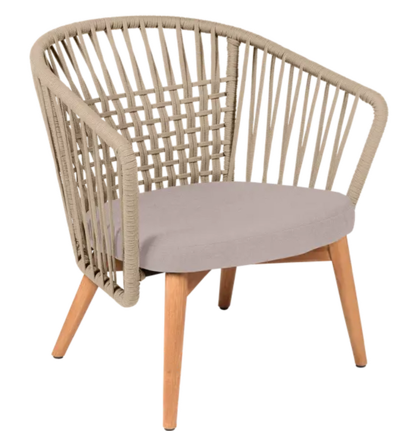 Load image into Gallery viewer, Outdoor GORDES low teak armchair with rope details by Custom Wood Designs, featuring a sleek, modern teak lounge chair design.
