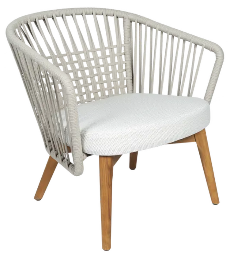 Load image into Gallery viewer, Outdoor GORDES Low Armchair by Custom Wood Designs featuring teak frame and woven rope design for comfortable outdoor lounging.
