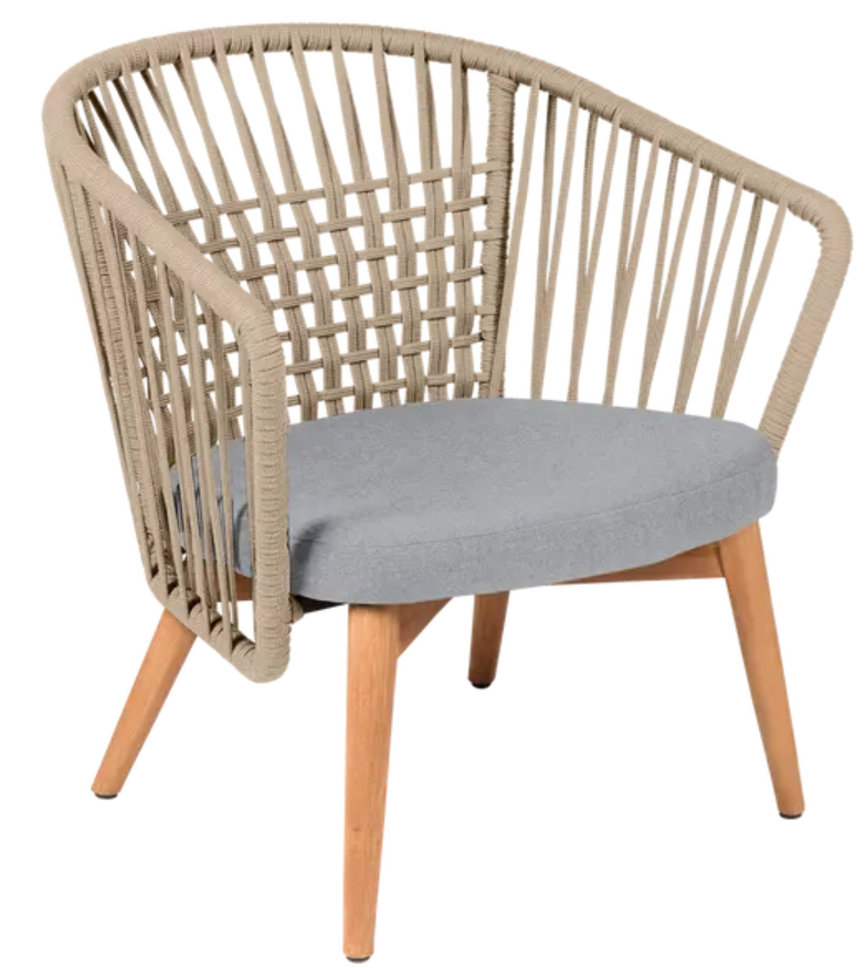 Load image into Gallery viewer, Beoge Pebble GORDES outdoor teak armchair with a low profile and rope detailing, crafted by Custom Wood Designs.
