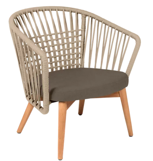 Outdoor GORDES teak armchair from Custom Wood Designs with brown sisal rope detailing, perfect for outdoor lounging.