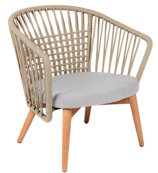 Beige outdoor GORDES teak armchair by Custom Wood Designs with steel grey frame and woven teak rope seating.