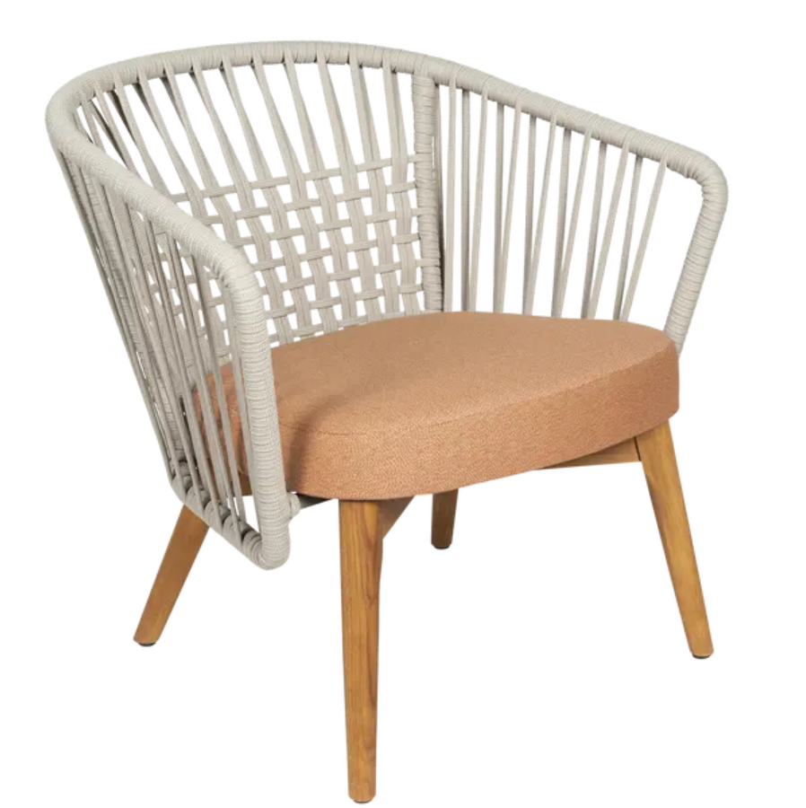 Fermob GORDES outdoor teak armchair with low design, terracotta color, featuring a teak and rope construction for outdoor lounge use.