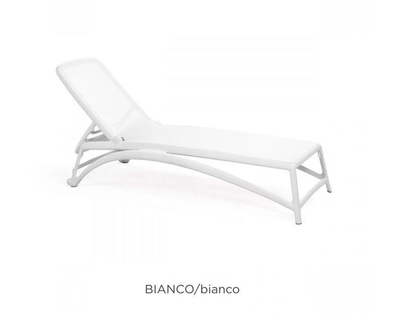 Load image into Gallery viewer, Nardi Atlantico stackable sun lounger in white outdoor poolside patio setting for relaxing and lounging.
