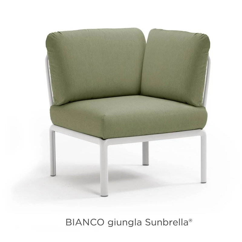 Load image into Gallery viewer, Nardi Komodo Corner Module outdoor sofa in Bianco Giungla Sunbrella fabric, showing a stylish outdoor sectional with plush cushions.

