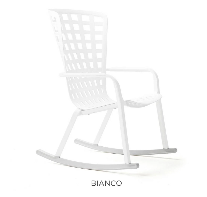 Load image into Gallery viewer, Nardi Folio rocking chair kit with white cushions and wooden frame, outdoor patio furniture for comfortable relaxation.
