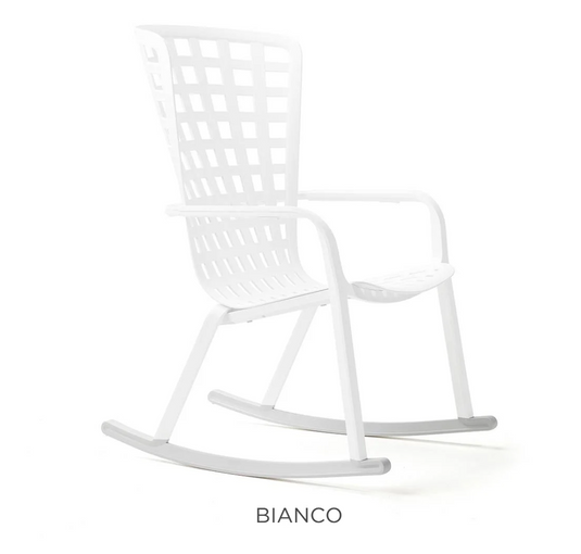 Nardi Folio rocking chair kit with white cushions and wooden frame, outdoor patio furniture for comfortable relaxation.