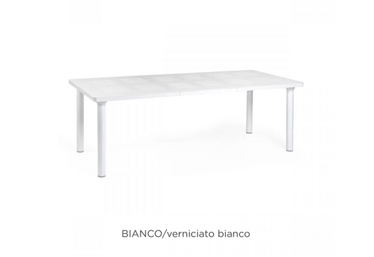 Nardi Libeccio extensible outdoor table with white finish, featuring a sleek design and extendable surface for outdoor dining.