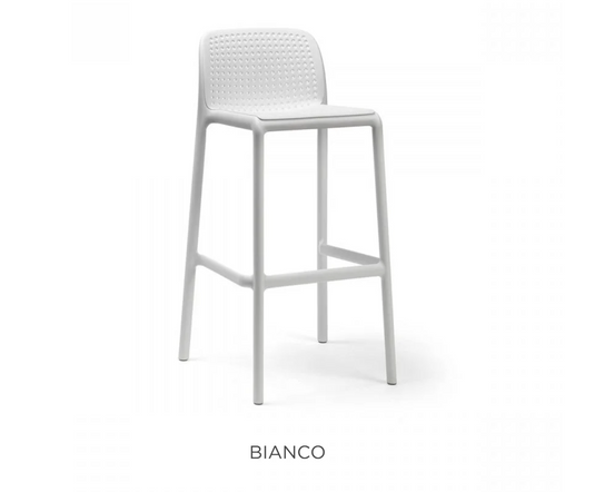 Nardi Lido high stackable outdoor bar stool in white, designed for outdoor use with a sleek, modern look.