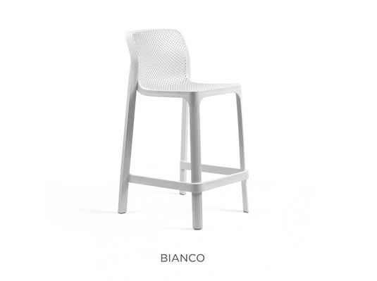 White Net Stool Mini outdoor bar stool by Nardi, lightweight and modern design for outdoor seating.