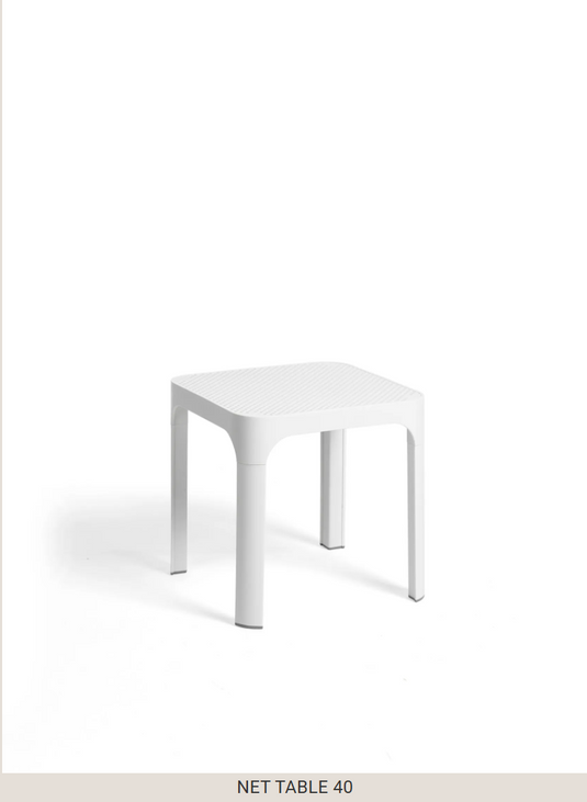 Nardi Net Table 40 outdoor side table in white, designed for patio or garden use, made of durable outdoor material.