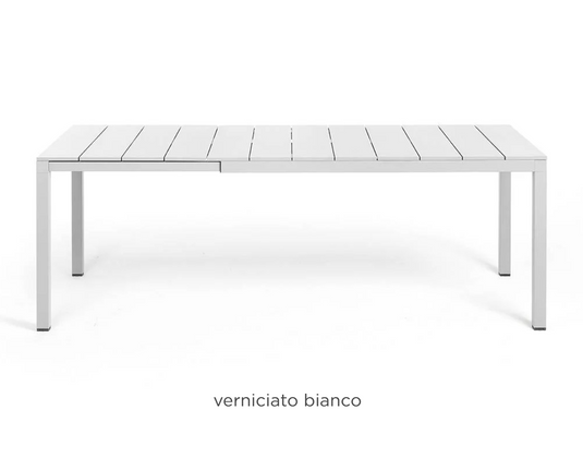 Nardi Rio Alu 140 Extensible outdoor table in white with aluminum frame, suitable for patio or garden use.