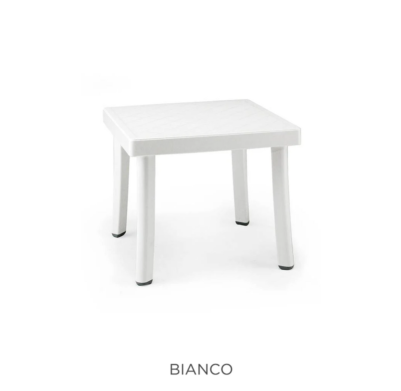Load image into Gallery viewer, Nardi Rodi Low Outdoor Table in white with a round tabletop and four supporting legs, suitable for garden or patio use.
