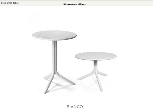 Nardi outdoor expandable step table by Custom Wood Designs, featuring a low, high, and dining option for garden or patio use.