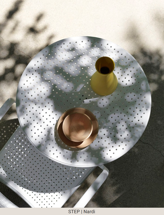 Nardi outdoor step table by Custom Wood Designs, expandable low and dining table for garden or patio use.