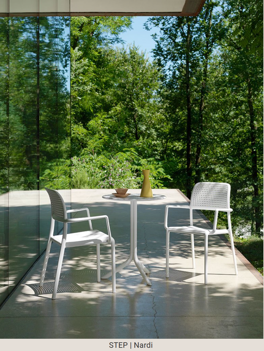 Nardi outdoor step table by Custom Wood Designs, expandable low and dining table for patio or garden with a white finish.