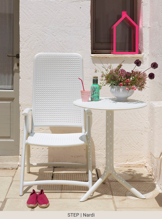 Nardi outdoor patio table by Custom Wood Designs, low and dining height, expandable, white finish, ideal for garden or patio settings.