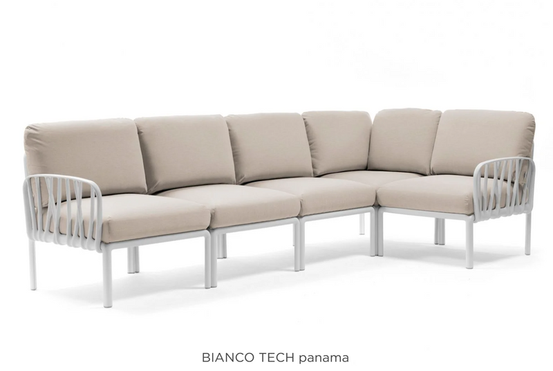Load image into Gallery viewer, Komodo 5 modular outdoor sofa by Custom Wood Designs, featuring white BiancoTech Panama fabric, outdoor patio furniture.
