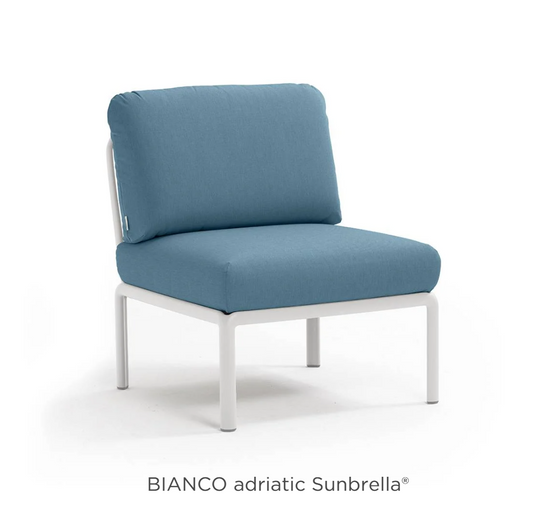 Nardi Komodo Central Sofa Module in Bianco Adriatic Sunbrella fabric, outdoor sectional sofa for patio or hotel terrace.