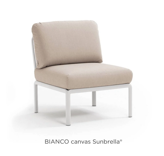 Nardi Komodo Central Sofa Module in Bianco Canvas Sunbrella fabric, outdoor sectional sofa for patio or hotel terrace.