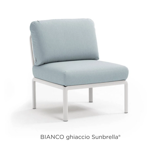 Nardi Komodo Central Sofa Module in Bianco Ghiaccio with Sunbrella fabric, outdoor modular sofa section for patio or hotel terrace.