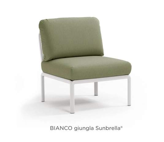 Nardi Komodo Central Sofa Module in white with sunbrella fabric, outdoor modular section for patio or hotel lounge areas.