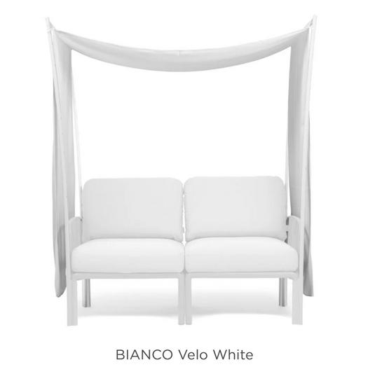 Nardi Komodo Ombra 2 sunshade accessory for sofa, white fabric shade with patio furniture setting in Ireland.