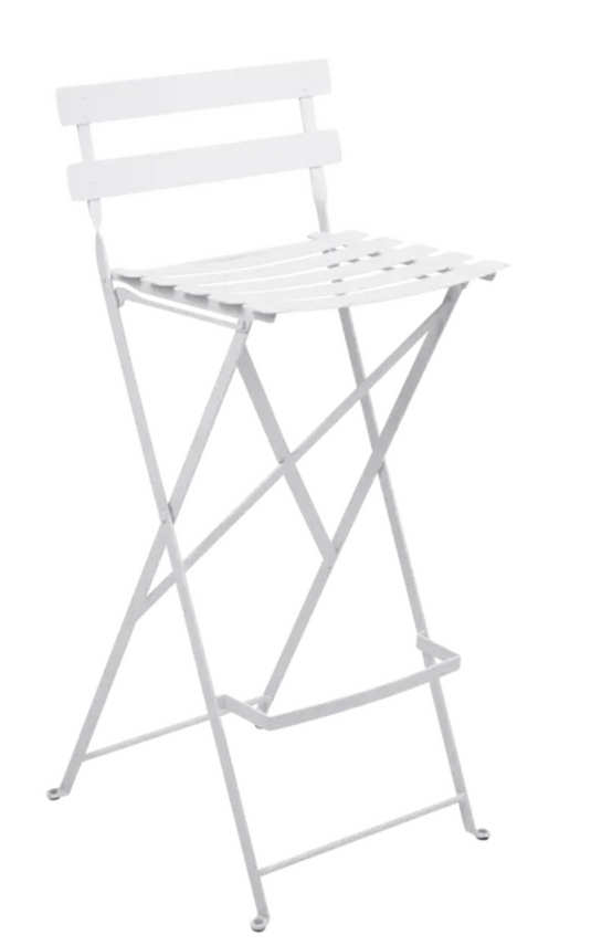 Fermob Bistro high bar stool with a foldable design, outdoor-friendly metal frame, and wooden seat for outdoor dining.