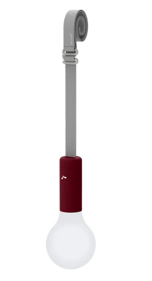 Fermob APLÔ suspended black, cherry, and blue LED pendant lamp with adjustable suspension strap, rechargeable hanging light.