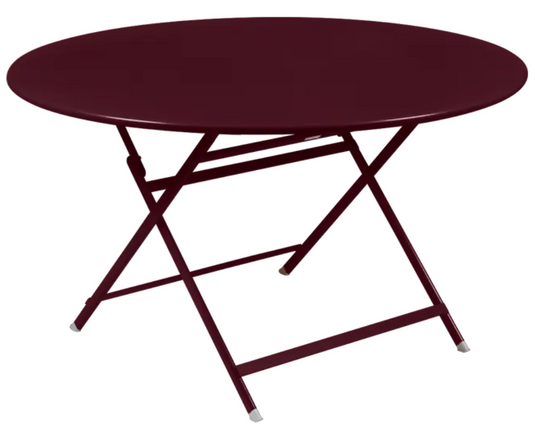 Fermob Caractère black cherry foldable metal table, 128 cm diameter, eight-seater, with a sleek black finish and sturdy design.