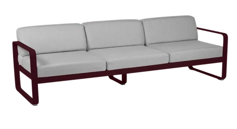 Load image into Gallery viewer, Black Cherry Flanel Grey Fermob Bellevie 3-seater outdoor sofa with metal frame, suitable for garden or patio seating.
