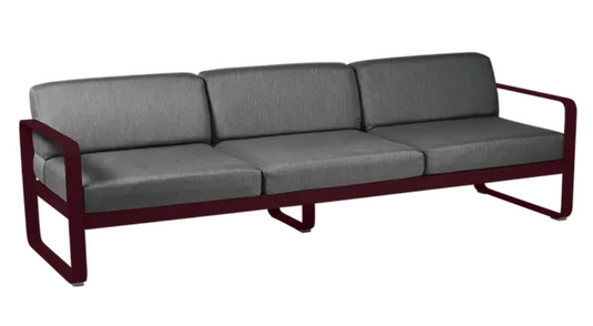 Black Fermob Bellevie 3-seater outdoor sofa with metal frame in Graphite Grey, perfect for garden or patio seating.