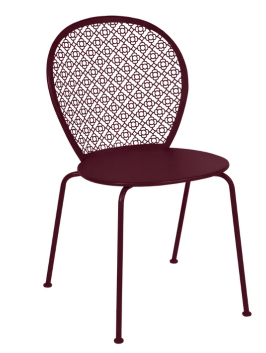 Black Fermob Lorette outdoor metal chair with a black cherry finish, stylish and sturdy for garden or patio use.