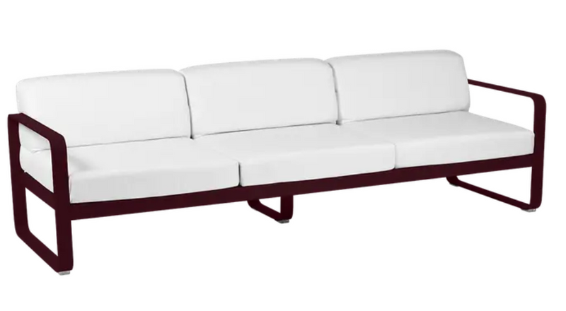 Load image into Gallery viewer, Black Cherry and Off White Fermob Bellevie 3-Seater outdoor sofa with metal frame, stylish and comfortable outdoor furniture.
