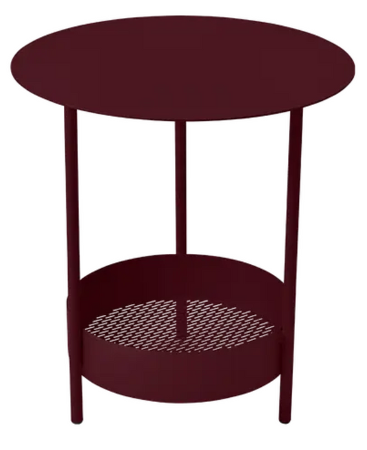 Black cherry Salsa pedestal side table by Fermob, outdoor furniture with a sleek, modern design for patio or garden use.